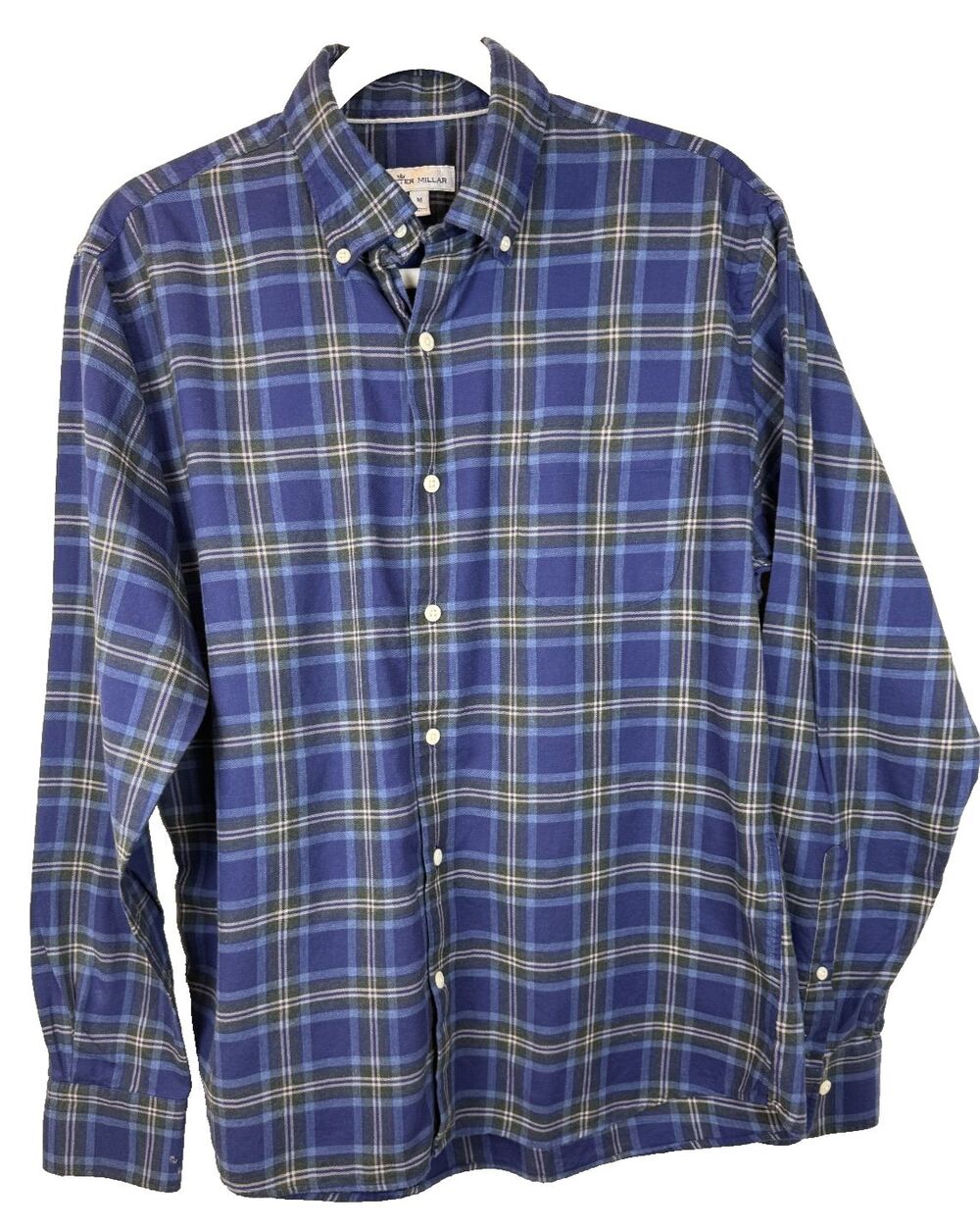 Peter Millar Crown Nowell Navy Plaid Soft Cotton Sport Shirt Men's Size Medium